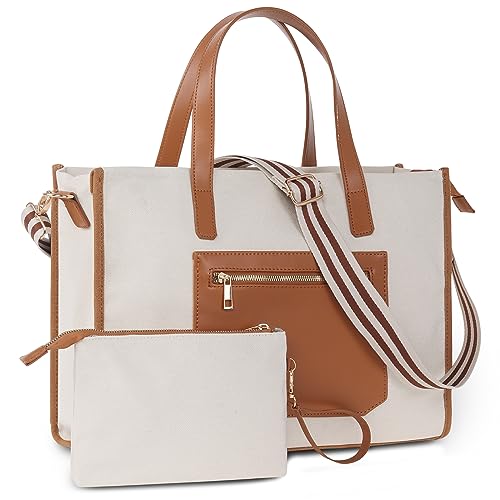 KINGSLONG Laptop Handtasche Damen Canvas Laptoptasche 15,6 Zoll Schultertaschen Shopper Damen Groß Tote Bag Damen Aktentasche Notebooktasche Arbeitstasche für Büro Schule Reisen-Weiß von KINGSLONG