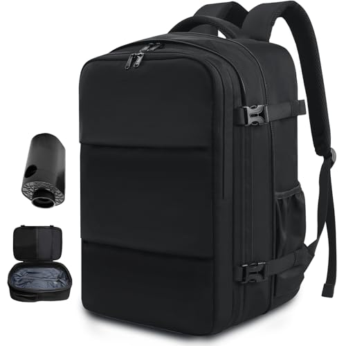 KINGSLONG Vakuum Reise Damen Rucksack: Handgepäck Flugzeug Reiserucksack 17.3 Zoll Laptop Bag Wasserdicht Backpack 33L Groß Tasche mit Pumpe Kabinenrucksack Business Travel Outdoor Herren Schwarz von KINGSLONG
