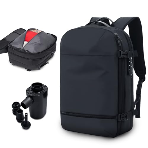 KINGSLONG Vakuum Rucksack Laptop Handgepäck: Herren Reiserucksack Flugzeug 17 Zoll PC Wasserdicht Backpack 60L Erweiterbarer Vakuum Tasche mit Pumpe und Sperre für Travel Business Männer Schwarz von KINGSLONG