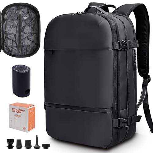 KINGSLONG Vakuum Rucksack Laptop Handgepäck: Herren Reiserucksack Flugzeug 17 Zoll PC Wasserdicht Backpack 60L Erweiterbarer Vakuum Tasche mit Pumpe und Sperre für Travel Männer Business Schwarz von KINGSLONG