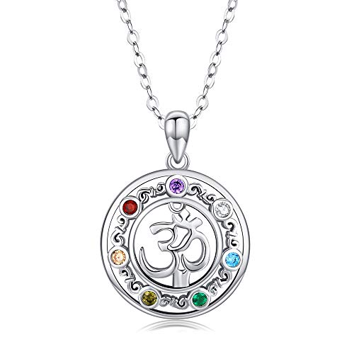 KINGWHYTE 925 Sterling Silber Aum Om Ohm Chakra Yoga Anhänger Halskette Chakra Schmuck Geschenke für Frauen, Männer Mädchen-18+ 2" Silber Kette von KINGWHYTE