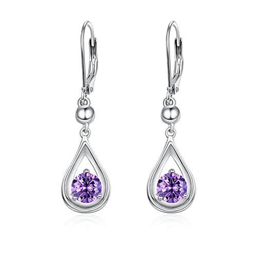 Dangle Drop Birthstone Ohrringe 925 Sterling Silber Hebel Ohrringe 14K Weiß Gold Geburtstag Jubiläum Feiner Schmuck für Frauen Mädchen (Februar) von KINGWHYTE