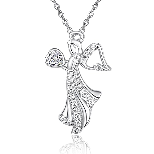 KINGWHYTE Engel Geburtsstein Halskette für Frauen 925 Sterling Silber Engel Anhänger Halskette Geburtsstein Schmuck Geburtstagsgeschenk für Frauen Mädchen von KINGWHYTE