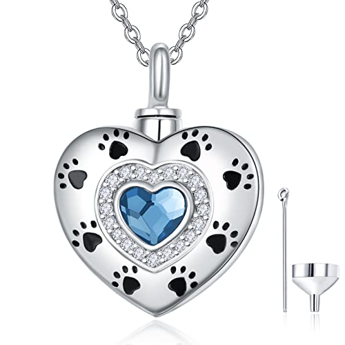 KINGWHYTE 925 Sterling Silber Herz Urnen Anhänger Kette, Pfotenabdruck Liebe Zirkon Blauer Kristall Urnenkette für Asche, Memorial Asche Halskette mit Trichter Füllung Kit Aschekette von KINGWHYTE