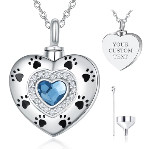 KINGWHYTE 925 Sterling Silber Herz Urnen Kette, Pfotenabdruck Personalisierte Blauer Kristall Urnenkette für Asche mit Eingraviertem Text, Memorial Asche Halskette mit Trichter Füllung Kit Aschekette von KINGWHYTE