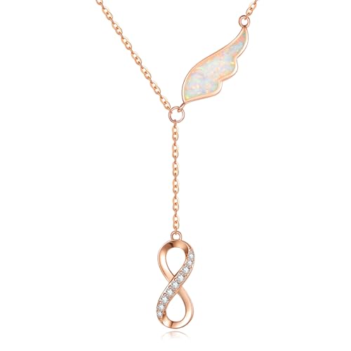 KINGWHYTE Opal Engelsflügel Halskette 925 Sterling Silber Infinity Kette für Frauen Unendliche Flügel Quaste Anhänger Rose Gold Plated Schmuck Geschenke für Frauen Mädchen Mutter Tochter von KINGWHYTE
