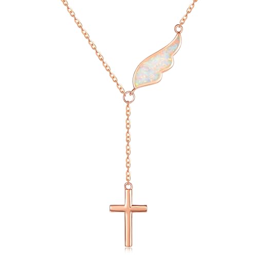 KINGWHYTE Opal Engelsflügel Halskette 925 Sterling Silber Kreuz Kette für Frauen Flügel Quaste Anhänger Rose Gold Plated Schmuck Geschenke für Frauen Mädchen Mutter Tochter von KINGWHYTE