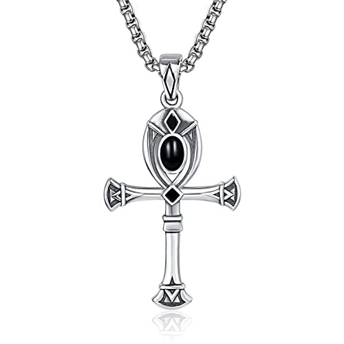 KINGWHYTE ANKH Halskette 925 Sterling Sliver Black Onyx Anhänger Celtics ägyptischer Schmuck für Männer Frauen mit Edelstahlperlenkette 22+2 (55+5 cm) von KINGWHYTE