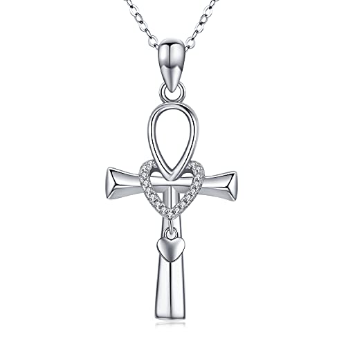 KINGWHYTE Ankh Kreuz Kette Sterling Silber Herz Anhänger Halskette Amulett Anhänger Ägyptische Schmuck Geschenke für Frauen Mädchen Mutter Freund Freundin von KINGWHYTE