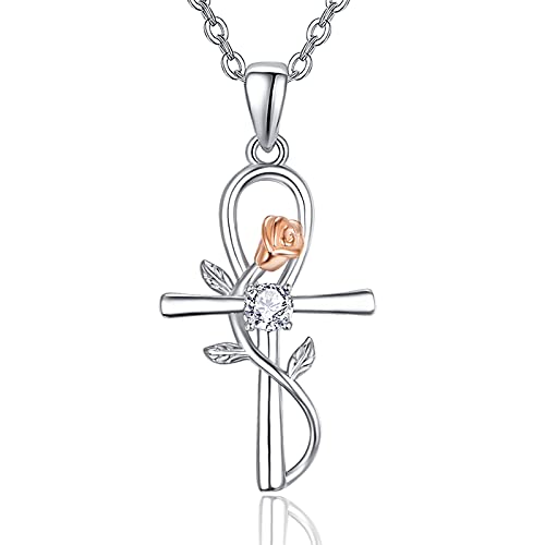 KINGWHYTE Ankh Kreuz Halskette Sterling Silber Rose Blume Anhänger Herz Anhänger Halskette Schmuck Geschenke für Frauen Mädchen Mutter Freund Freundin (Ankh Kreuz Halskette A) von KINGWHYTE