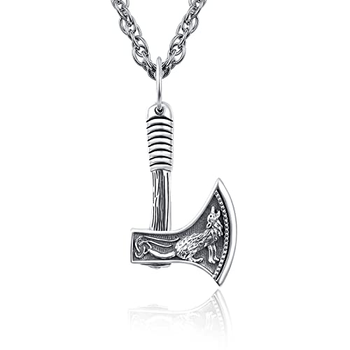 KINGWHYTE Axt Halskette 925 Sterling Silber Wikinger Wolf Talisman Anhänger Wikingerschmuck für Männer Frauen von KINGWHYTE