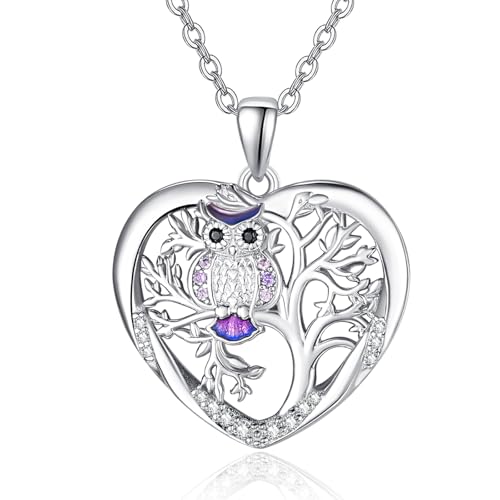 KINGWHYTE Baum des Lebens Damen Kette 925 Sterling Silber Eule Familie Baum des Lebens Anhänger Vogelschmuck Eule Geschenke für Frauen Mama Freundin Frau von KINGWHYTE