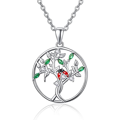 KINGWHYTE Baum des Lebens Kette für Frauen 925 Sterling Silber Marienkäfer Anhänger Halskette Schmuck Geschenke für Damen Mama und Freundin von KINGWHYTE