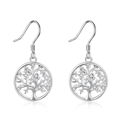 KINGWHYTE Baum des Lebens Ohrringe Frauen 925 Sterling Silber Cubic Zirkonia Yggdrasil Leben Baum baumeln Drop Haken Ohrhänger Schmuck Geschenke für Mädchen Tochter Schwestern von KINGWHYTE