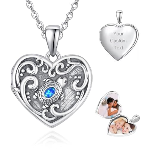 KINGWHYTE Benutzerdefinierte Medaillon Kette 925 Sterling Silber Blau Opal Schildkröte 2 Foto Personalisierte Herz Bild Halskette Schmuck Gedenkgeschenke für Frauen Mädchen von KINGWHYTE