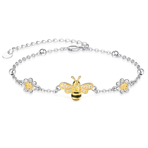 KINGWHYTE Biene Armband 925 Sterling Silber Gänseblümchen Armbänder Vergoldet Biene mit Blume Armbänder Tier Schmuck Geschenk für Damen Mädchen Freundin von KINGWHYTE