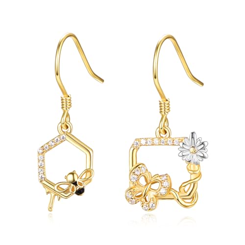 KINGWHYTE Bienen-Ohrringe 925 Sterling Silber Gold Wabe Ohrringe Gänseblümchen Schmetterling Ohrringe Niedliche Bienen Asymmetrische Biene Schmuck Geschenke Für Frauen Mädchen von KINGWHYTE