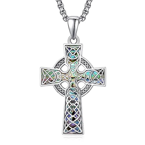 KINGWHYTE Celtic Cross Halskette 925 Sterling Sliver Celtic Knot Anhänger Abalone Shell Religiöses Schutzgeschenk Irish Schmuck Geschenk für Männer und Frauen von KINGWHYTE