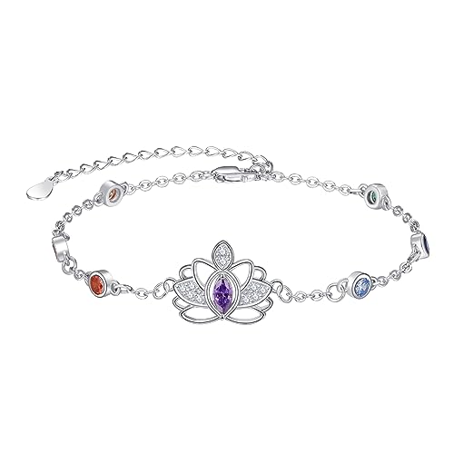 KINGWHYTE Chakra Armbänder für Frauen 925 Sterling Silber 7 Chakra Heilung Armbänder Yoga Lotus Charm Verstellbare Armkette Regenbogen Schmuck Geschenke für Frauen Mädchen Tochter Freunde von KINGWHYTE