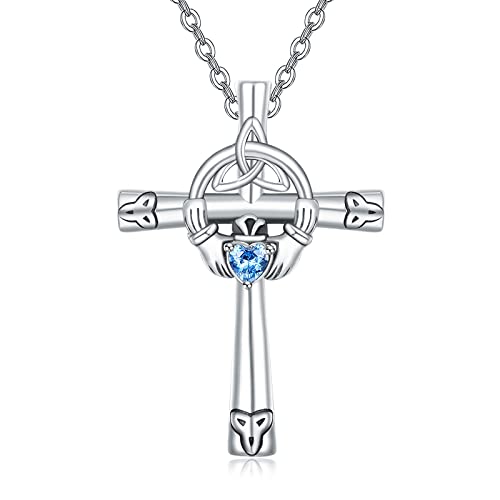 KINGWHYTE Claddagh Kreuz Kette Damen, 925 Sterling Silber Keltischer Knoten mit Trinity Halskette Blauer Liebeszirkon Anhänger Schmuck Geschenke für Frauen Mädchen KINGWHYTE Claddagh Kreuz Kette Damen, 925 Sterling Silber Keltischer Knoten mit Trinity Halskette Blauer Liebeszirkon Anhänger Schmuck Geschenke für Frauen Mädchen von KINGWHYTE