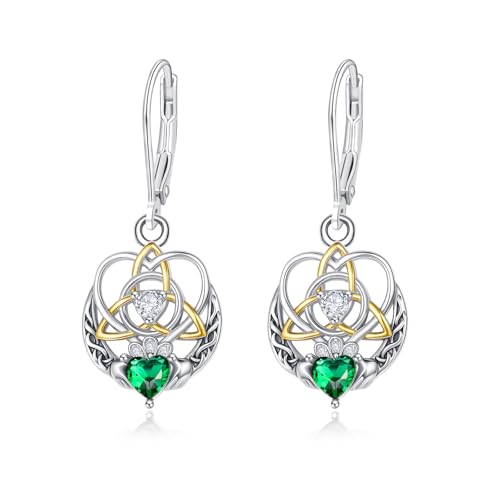 KINGWHYTE Claddagh Ohrringe für Frauen 925 Sterling Silber Herz keltischen Smaragd Tropfen Ohrhänger irischen Schmuck Geburtstag Geschenke für Frauen Mädchen von KINGWHYTE