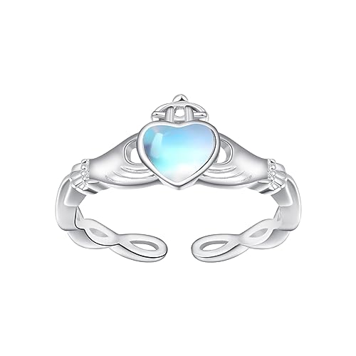 KINGWHYTE Claddagh Ringe für Frauen 925 Sterling Silber Mondstein Liebe Herz Ring Verstellbare Ringe Verlobung Hochzeit Offener Ring Mondstein Schmuck Geschenke von KINGWHYTE