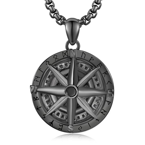 KINGWHYTE Schwarz Compss Halskette S925 Sterling Silber Viking Rune Kompass Anhänger Nordic Pagan Schmuck Geschenke für Jungen Freund Männer mit Edelstahlkette von KINGWHYTE