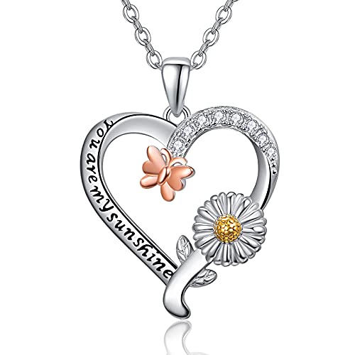 KINGWHYTE Damen Halskette 925 Sterling Silber You Are My Sunshine Sonnenblume Schmetterling Herz Anhänger Zirkonia Halsketten für Sie von KINGWHYTE