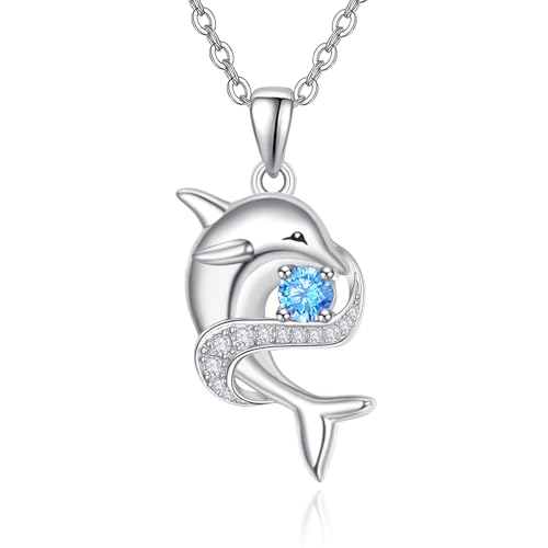 KINGWHYTE Delphin Halskette 925 Sterling Silber Aquamarin März Geburtsstein Halskette Blauer Edelstein Halskette Geburtsstein Schmuck Delphin Geschenke für Frauen von KINGWHYTE