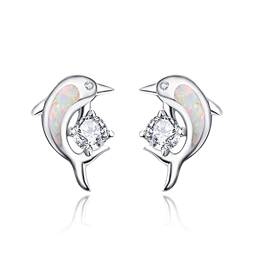 Damen-Ohrstecker Sterling Silber 925, Delphin Opal Sterling Silber Ohrstecker Geschenk für Mädchen Kinder, Zirkonia synth Rosa Süßes Delphin-Ohrstecker mit Schmuck Geschenk Box von KINGWHYTE