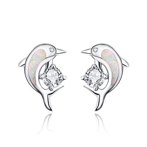 Delphin Ohrstecker Sterling Silber 925 Weiß Opal Süßes Delphin Ohrstecker Ohrringe mit Zirkonia Schmuck Geschenk für Mädchen Kinder von KINGWHYTE