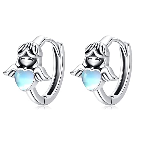 KINGWHYTE Engel Creolen Ohrringe 925 Sterling Silber Mondstein Ohrringe Hypoallergen Creolen Ohrringe Weihnachts für Mädchen Damen von KINGWHYTE
