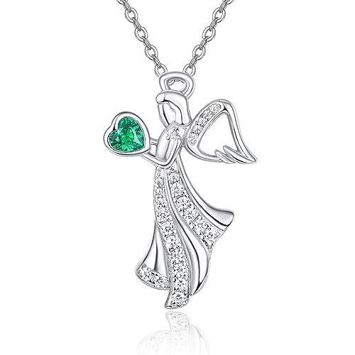 KINGWHYTE Mai Engel Kette für Frauen 925 Sterling Silber Schutzengel Anhänger Halskette Smaragd Geburtsstein Schmuck Geburtstag Geschenk für Frauen Mädchen von KINGWHYTE