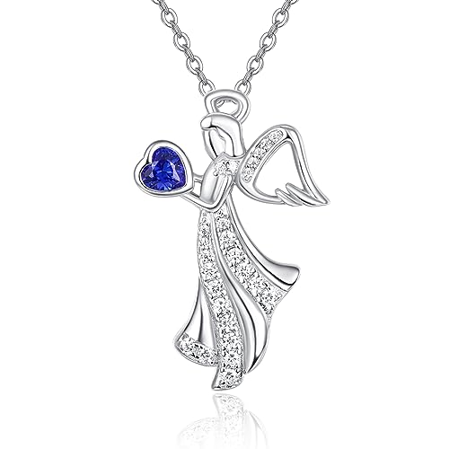 KINGWHYTE Engel Geburtsstein Kette für Frauen 925 Sterling Silber Saphir Engel Anhänger Halskette September Geburtsstein Schmuck Geburtstag Geschenk für Frauen Mädchen von KINGWHYTE