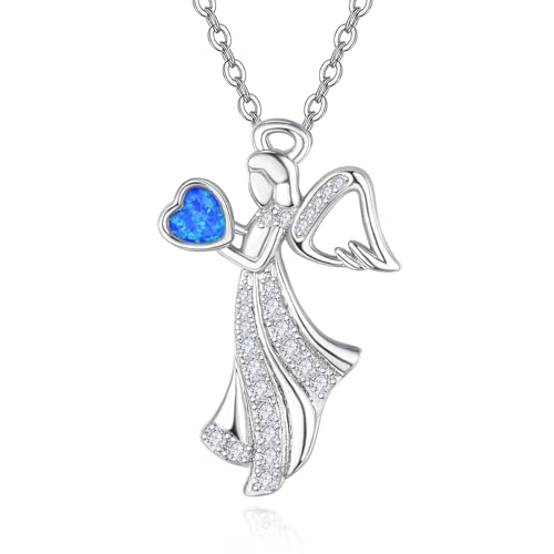 KINGWHYTE Engel Halskette für Frauen 925 Sterling Silber Schutzengel Flügel Halskette Opal Schmuck Engel Geschenke für Frauen Mädchen Damen von KINGWHYTE