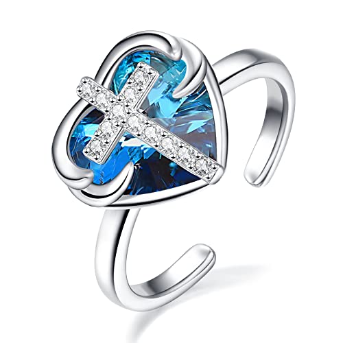 KINGWHYTE Damen Engelsflügel Kristall Ringe, 925 Sterling Silber Herz Saphir mit Kreuz Offener Ring 8mm, Liebe Blauer Kristall 10mm, Schmuck Accessoire von KINGWHYTE