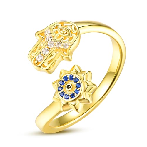 KINGWHYTE Evil Eye Hamsa Hand der Fatima Ring Vergoldet 925 Sterling Silber Verstellbare Offene Ringe Glücksschutz Schmuck Geschenke für Frauen Damen von KINGWHYTE