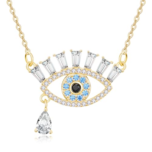 KINGWHYTE Böses Auge Kette 925 Sterling Silber Türkisches Böses Auge Anhänger für Frauen Gold Strass Tropfen CZ Halskette Schutz Amulett Glücksschmuck von KINGWHYTE
