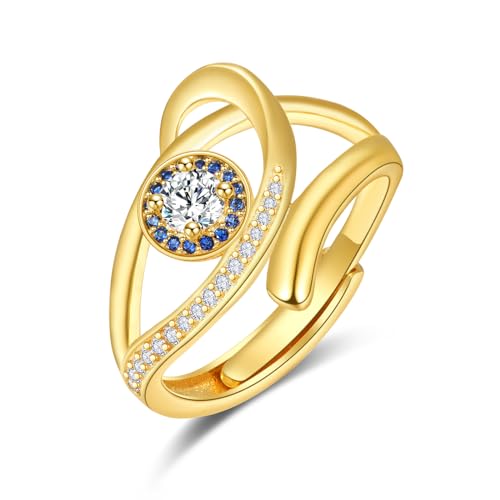 KINGWHYTE Evil Eye Ring 925 Sterling Silber CZ Einstellbare Gold Ring Finger Daumen Ringe für Frauen Evil Eye Schmuck Geburtstag Geschenke für Männer Frauen von KINGWHYTE