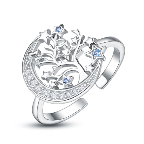 KINGWHYTE Familie Baum des Lebens Ringe für Frauen 925 Sterling Silber Mond Stern Ring einstellbar OpenTree Ring Schmuck Baum des Lebens Geschenke für Damen Mädchen von KINGWHYTE