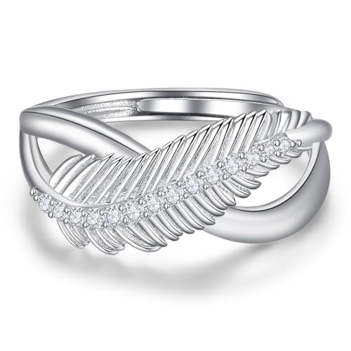 KINGWHYTE Feder Ring 925 Sterling Silber Verstellbarer Unendlichkeitsring Engelsflügel Daumenring mit Cubic Zirkonia Verlobung Ewigkeitsschmuck Geburtstagsgeschenke für Frauen von KINGWHYTE