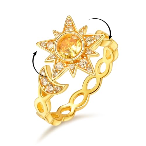 KINGWHYTE Fidget Ringe für Angst 925 Sterling Silber Citrin Angst Ring Spinner Sonne und Mond Ring Schmuck für Damen Frauen Teenager Mädchen von KINGWHYTE