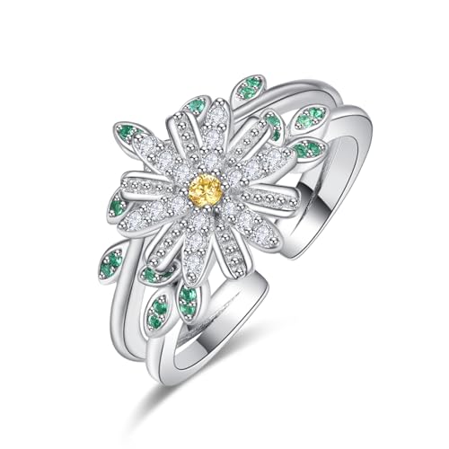 KINGWHYTE Gänseblümchen-Ring, 925er Sterlingsilber, Daumenringe für Frauen, verstellbarer Hoffnungsblumenring, Gänseblümchen-Schmuck, Geschenke für Frauen und Mädchen von KINGWHYTE