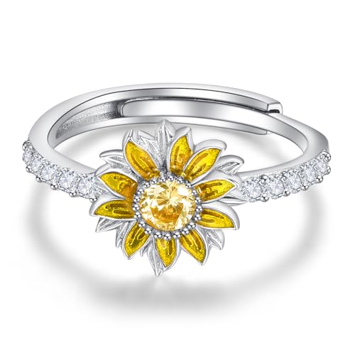 KINGWHYTE Gänseblümchen Ring 925 Sterling Silber Einstellbare Daumen Ringe für Frauen Gelb CZ Halo Ring You are My Sunshine Schmuck Ringe Frauen von KINGWHYTE