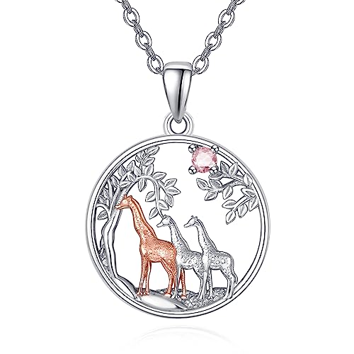 KINGWHYTE Giraffe Geschenke Giraffe Halskette 925 Sterling Silber Niedliches Tier Drei Giraffe Roségold Stammbaum Giraffe Geschenke für Frauen (Oktober) von KINGWHYTE