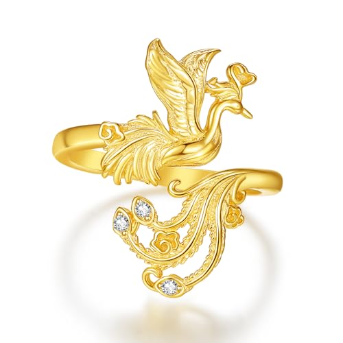 KINGWHYTE Gold Phönix Ring 925 Sterlingsilber Verstellbarer Tierring mit Zirkonia Nirvana Phönix Schmuck Federringe für Frauen Vogelschmuck Geschenk Weihnachten Geburtstag von KINGWHYTE