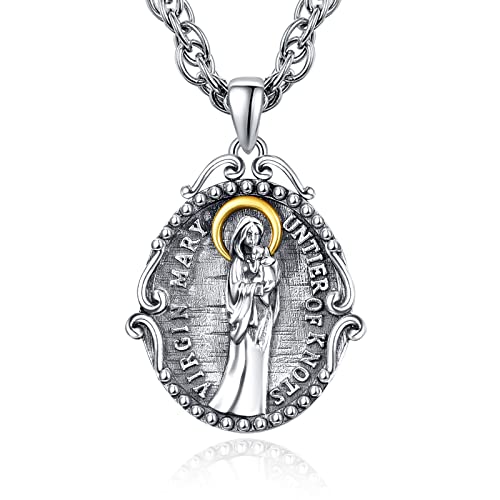 KINGWHYTE Jungfrau Maria Halskette für Frauen 925 Sterling Silber Oval Jungfrau Maria Anhänger Schutz Halskette mit Edelstahlkette von KINGWHYTE