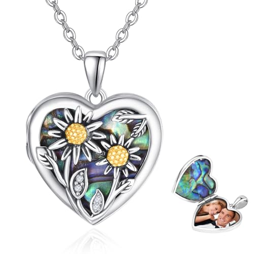 KINGWHYTE Herz Medaillon Kette 925 Sterling Silber Gänseblümchen Foto Halskette Abalone Muschel Blume Bild Anhänger Schmuck Gedenkgeschenke für Frauen Mädchen von KINGWHYTE