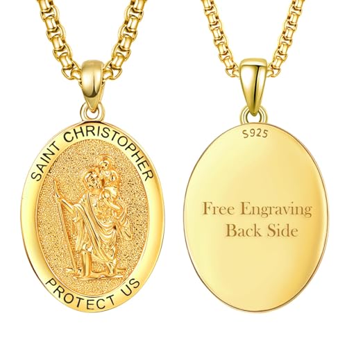 KINGWHYTE Individuelle Halskette Personalisierte St. Christopher Halskette 925er Sterlingsilber Goldene Heiligenmedaille Religiöser Anhänger Schütze uns Schmuckgeschenke (Vergoldet Graviert) von KINGWHYTE