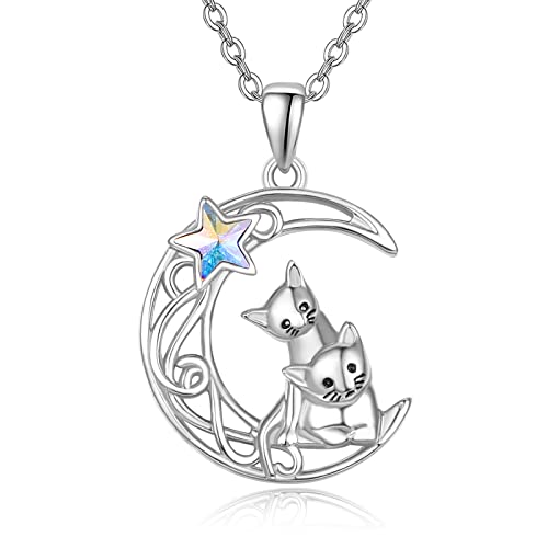 KINGWHYTE Kette Katze 925 Sterling Silber Kristall Anhänger Katze auf Mond Anhänger Halskette Schmuck Geschenke für Frauen Ihre Frau Mädchen (Kette Katze C) von KINGWHYTE